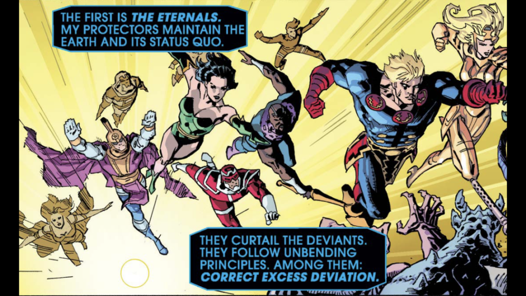 Page 1, panel 2, part 1. The Eternals, human in appearance and dressed in bright costumes, are led by Icarus and are flying into action. Caption: The Machine: "The first is The Eternals. My protectors maintain the earth and its status quo. They curtail the deviants. They follow unbending principles. Among them: correct excess deviation."