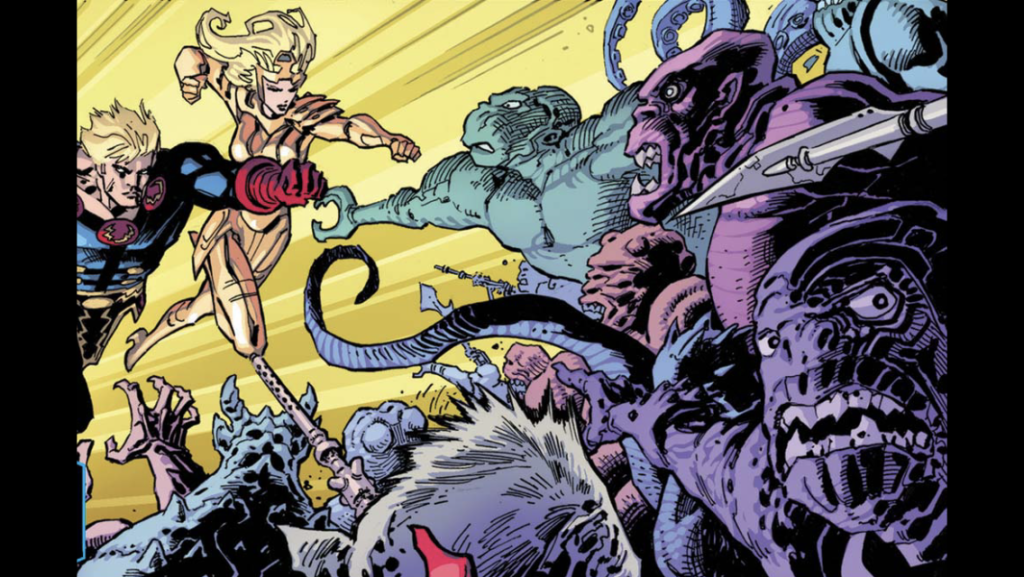 Page 1, panel 2, part 2. The foe to which the Eternals fly are revealed. The deviants stand against the Eternals. They are monstrous in appearance and armed with bladed weapons.