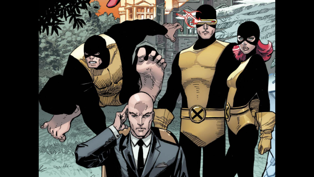 Page 1, Panel 4, part 1. Three of the first team of X-Men, Beast, Cyclops and Marvel Girl, are posed in front of their school and are dressed in their original black and yellow costumes. They are with their teacher and team leader, Professor X.