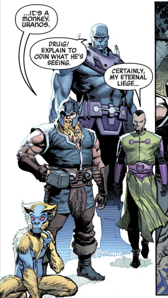 Page 2, panel 2. The man with the hammer is revealed to be a large man dressed in Viking garb. He stands with two others: a blue, muscular man twice his size, and a smaller man, only slightly shorter than he. They stand together, looking down at the blue and yellow ape. The Viking speaks: "It's a monkey Uranos." The blue man replies, "Druid, explain to Odin what he's seeing." The man in green answers, "Certainly my eternal liege."