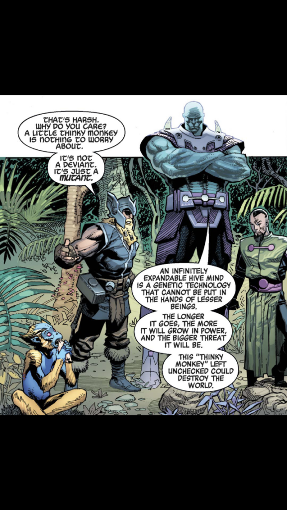 Page 3, panel 1: Odin appears shocked by Uranos' decision. "That's harsh. Why do you care? A little thinky monkey is nothing to worry about. It's not a deviant. It's just a mutant." Uranos responds, explaining the severity of his decision. "An infinitely expandable hive mind is a genetic technology that cannot be put in the hands of lesser beings. The longer it goes, the more it will grow in power, and the bigger threat it will be. This "thinky monkey" left unchecked could destroy the world."
